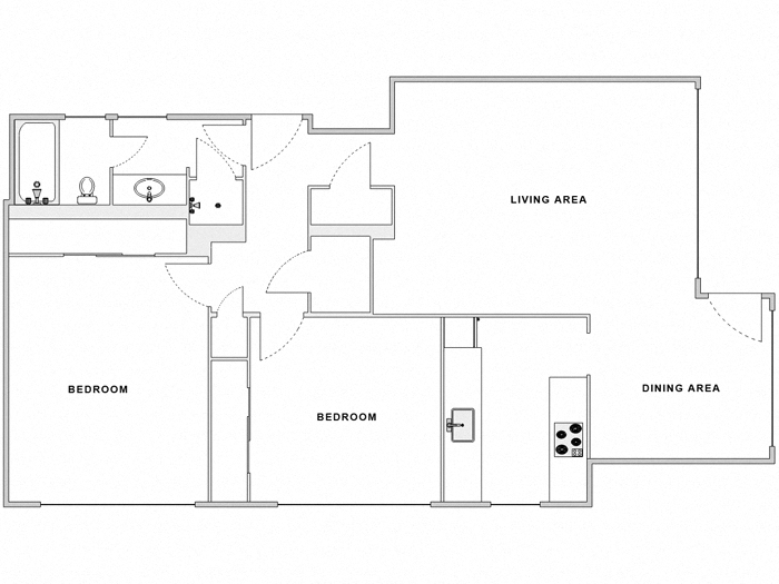 Floor plan for 2 beds, 1 bath, 955 sqft
